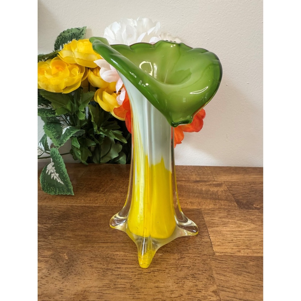 Vintage MCM Murano Style Art Glass Vase Green White‎ Yellow Cased Ruffled